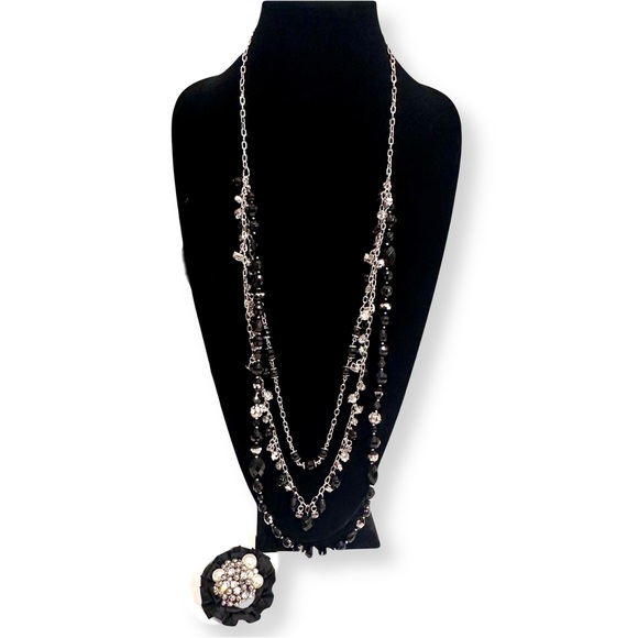 WHITE HOUSE BLACK MARKET Black Bead Pearl & Crystal Necklace w Removable Broach - Picture 10 of 12